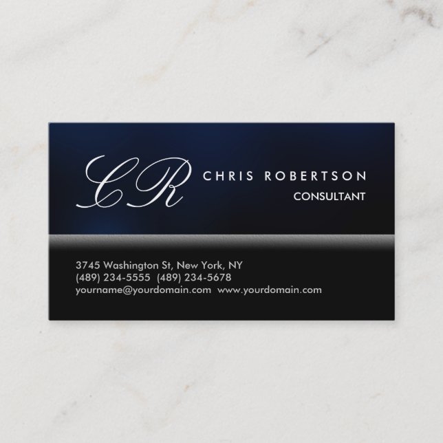 Monogram Schwarz-weiß Blue Pattern Business Card Visitenkarte (Vorderseite)