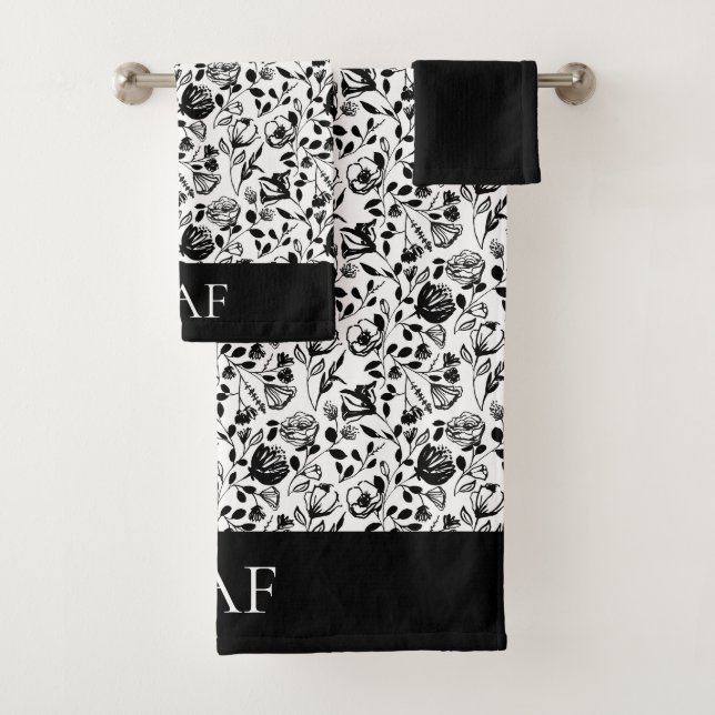 Monogram Schwarz-weiß Floral Line Kunstgeschenk Badhandtuch Set (Insitu)
