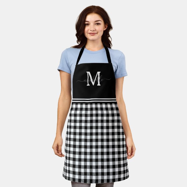 Monogram Schwarz-weiß Gingham Gingham Graue Bezeic Schürze (Getragen)
