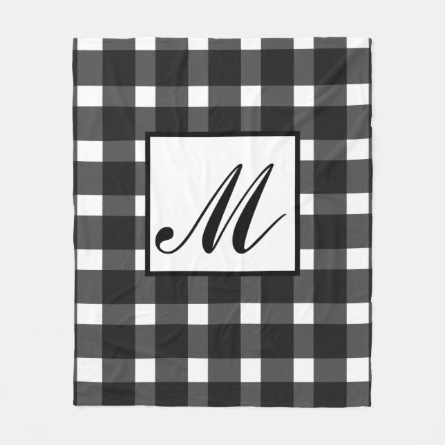 Monogram Schwarz-weiß Gingham Pattern Fleecedecke (Vorderseite)