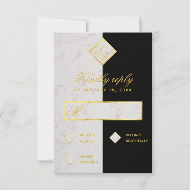 Monogram Schwarz-weiß Marble Gold Elegante Hochzei RSVP Karte (Vorderseite)