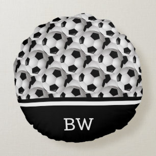 Monogram Schwarz-weiß Soccer Ball Muster Rundes Kissen