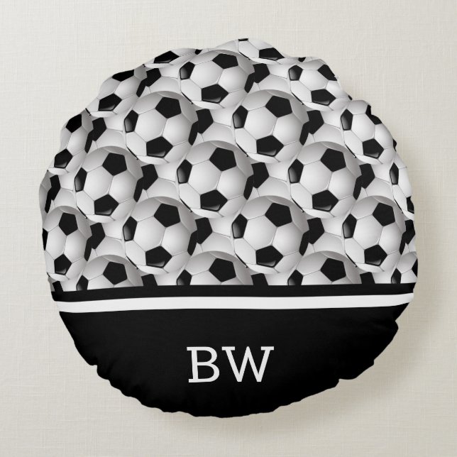 Monogram Schwarz-weiß Soccer Ball Muster Rundes Kissen (Rückseite)