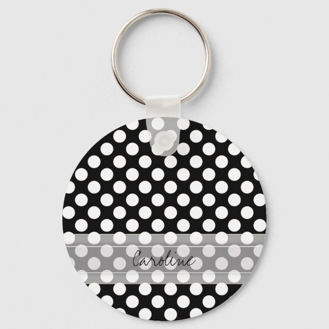 Monogram Schwarz-weiß Trendy Fun Polka Dot Muster Schlüsselanhänger (Vorderseite)