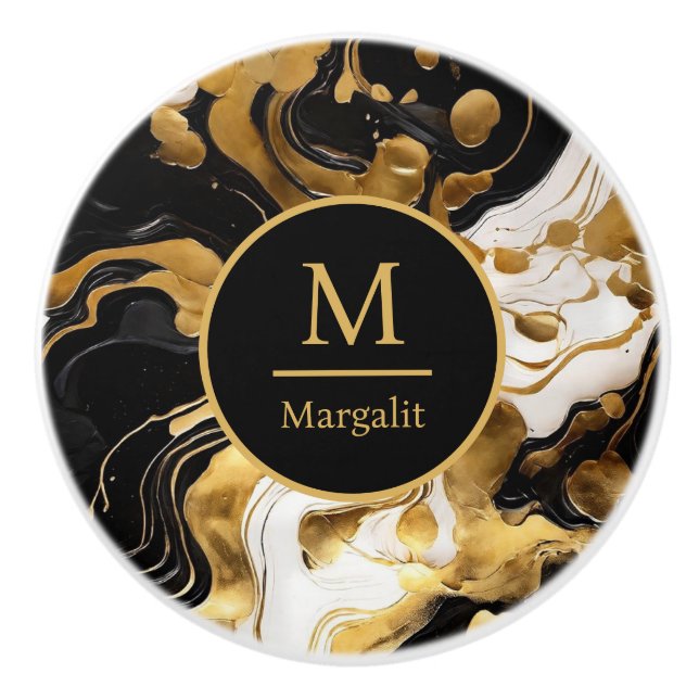 Monogram Schwarz-weiß und Gold Imitats Marmor Keramikknauf (Vorderseite)