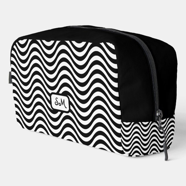 Monogram Schwarz-weiß Wavy Stripes Psychedelic Waschbeutel (Rechte Ecke)