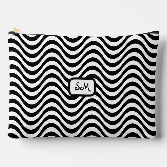 Monogram Schwarz-weiß Wavy Stripes Psychedelic Zubehörtasche (Vorderseite)