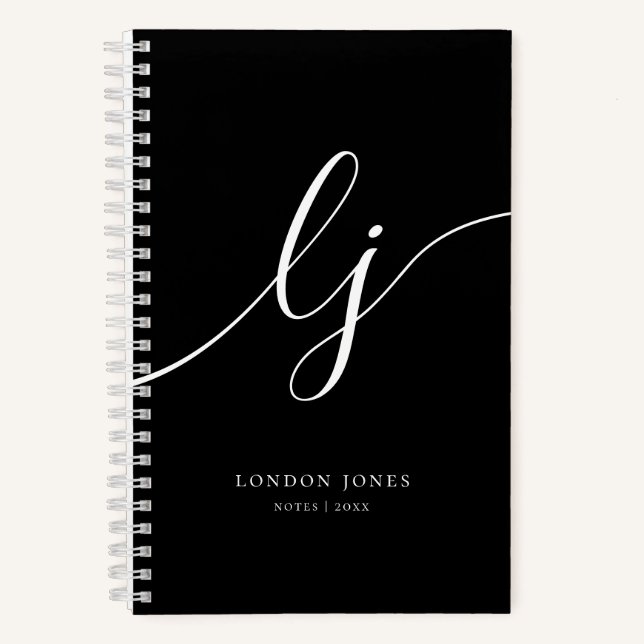Monogram Schwarz-weiße Kalligrafie Script 2 Initia Notizbuch (Vorderseite)