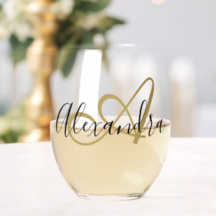 Monogram Schwarzes Gold Elegante Schrift Name Weinglas Ohne Stiel