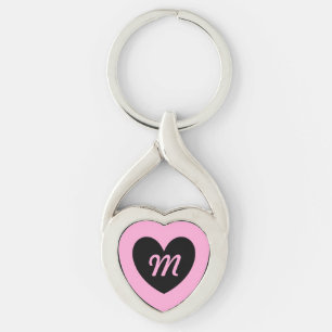 Monogram schwarzes Herz auf Baumwollzucker rosa Schlüsselanhänger