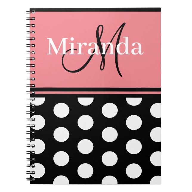 Monogram Script Black Pink White Polka Dots Notizblock (Vorderseite)