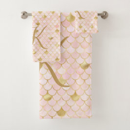 Monogram Script Blush Pink Gold Mermaid Scales Badhandtuch Set