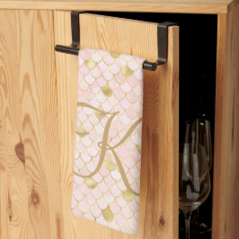 Monogram Script Blush Pink Gold Mermaid Scales Geschirrtuch