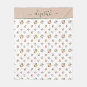 Monogram Script Boho Pampas Grass Pink Beige Green Fleecedecke