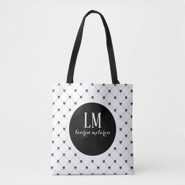 Monogram Script Bow Tote Bag – White & Black Tasche (Vorderseite)