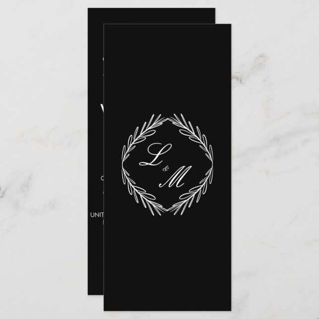 Monogram Script Branch Black W Wedding Program Menükarte (Vorne/Hinten)
