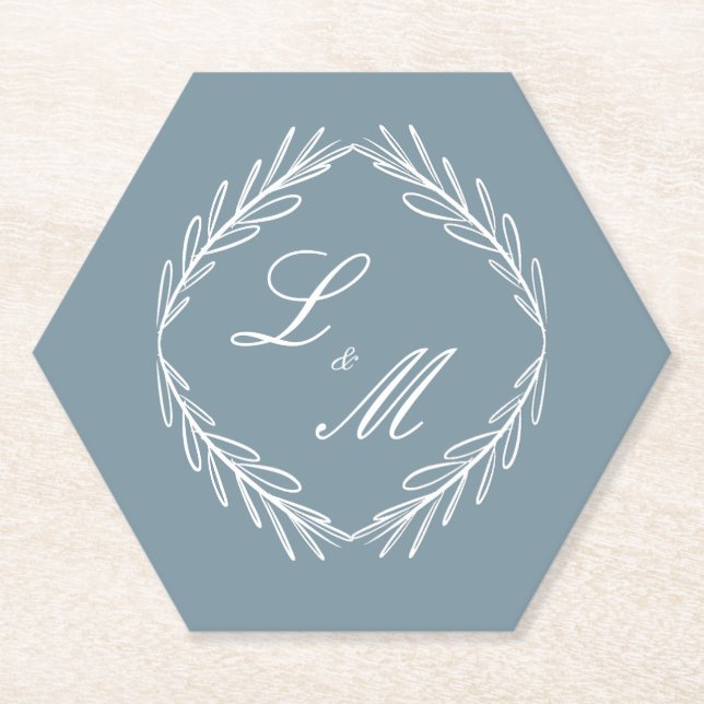 Monogram Script Branch Dusty Blue Wedding Untersetzer (Vorderseite)