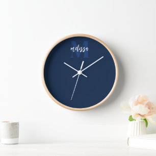 Monogram Script Calligraphy Navy Blue Clock Uhr