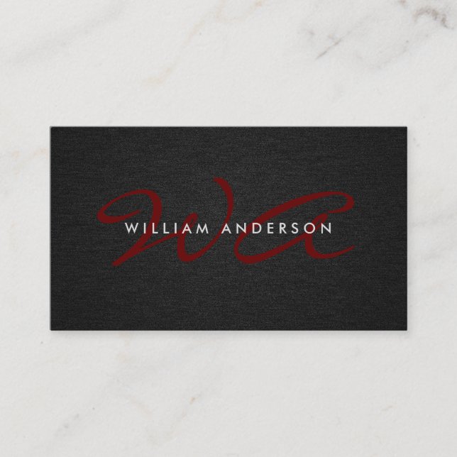 Monogram Script Corporate Minimal Black Linen Visitenkarte (Vorderseite)
