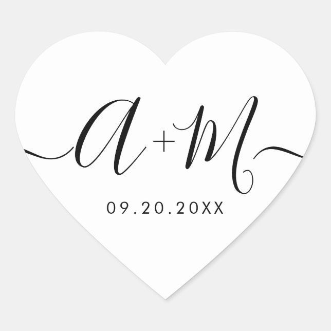 Monogram Script Custom Wedding date Heart Herz-Aufkleber (Vorderseite)
