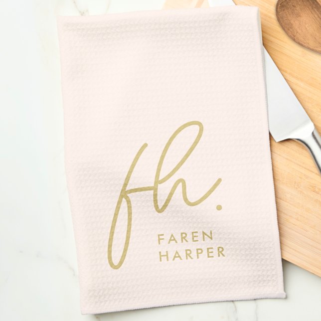 Monogram Script Einfach Minimal Elegant Blush Gold Geschirrtuch (Von Creator hochgeladen)