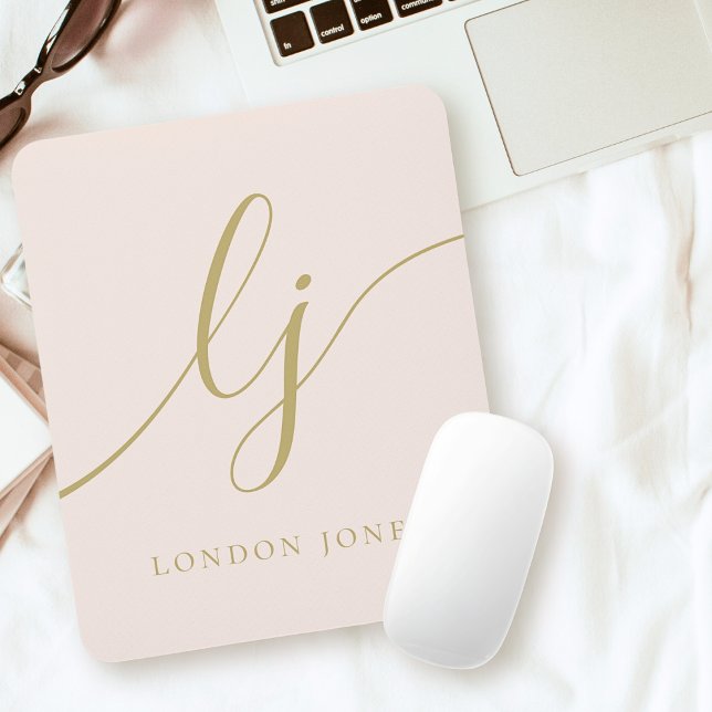 Monogram Script Elegane Feminine Blush Pink Gold Mousepad (Von Creator hochgeladen)