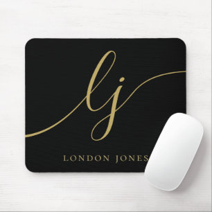 Monogram Script Elegant Black Gold Feminine Mousepad