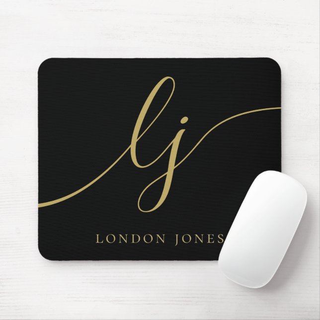 Monogram Script Elegant Black Gold Feminine Mousepad (Mit Mouse)