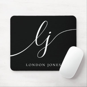 Monogram Script Elegant Feminine Chic Black Mousepad