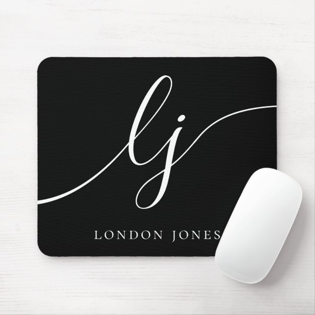 Monogram Script Elegant Feminine Chic Black Mousepad (Mit Mouse)