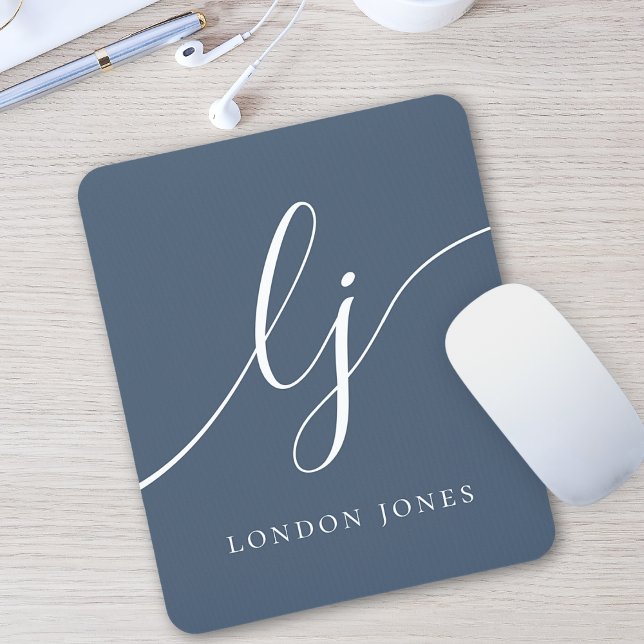 Monogram Script Elegant Feminine Navy Blue Mousepad (Von Creator hochgeladen)