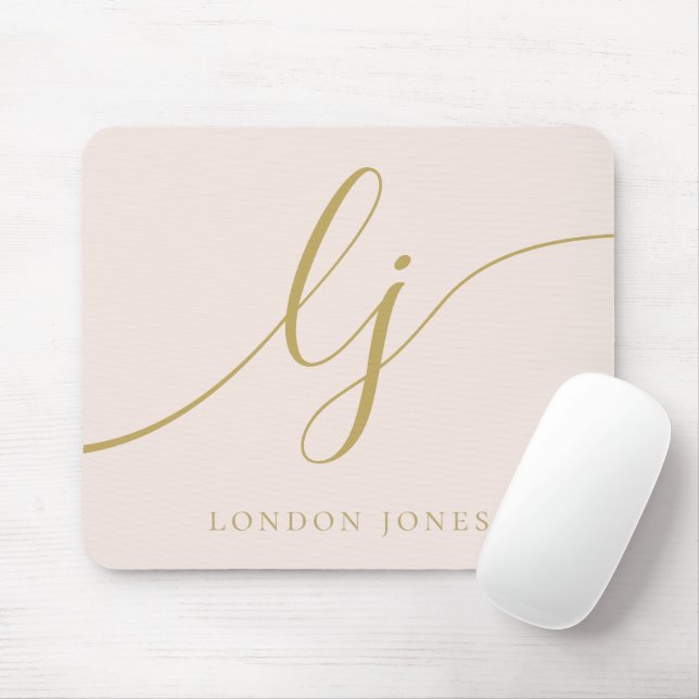 Monogram Script Elegant Girly Blush Pink Gold Mousepad (Mit Mouse)
