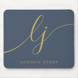 Monogram Script Elegant Navy Blue Gold Feminine Mousepad