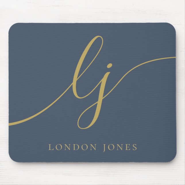Monogram Script Elegant Navy Blue Gold Feminine Mousepad (Vorne)