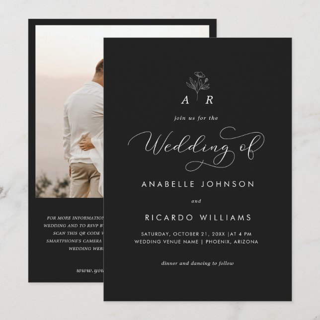Monogram Script Foto QR Code Hochzeit für Schwarze Einladung (Vorne/Hinten)