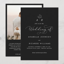 Monogram Script Foto QR Code Hochzeit für Schwarze Einladung