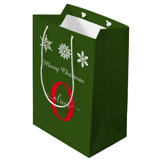 Monogram Script Frohe Weihnachten Rot Grün Mittlere Geschenktüte (Rückseite Schrägansicht)