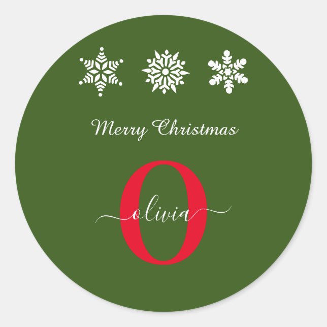 Monogram Script Frohe Weihnachten Rot Grün Runder Aufkleber (Vorderseite)
