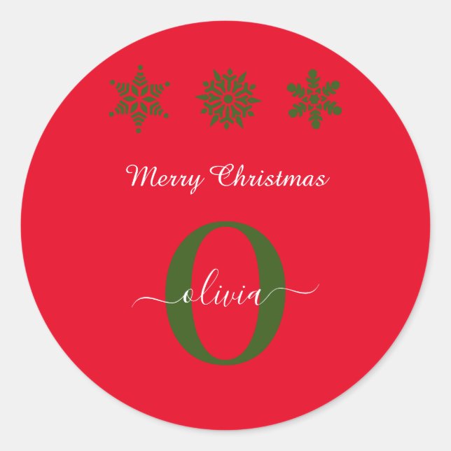 Monogram Script Frohe Weihnachten Rot Grün Weiß Runder Aufkleber (Vorderseite)