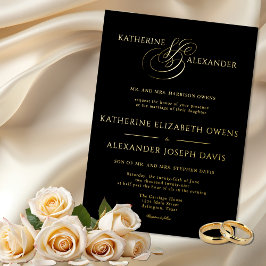 Monogram Script Gold Black Wedding Foil Einladung