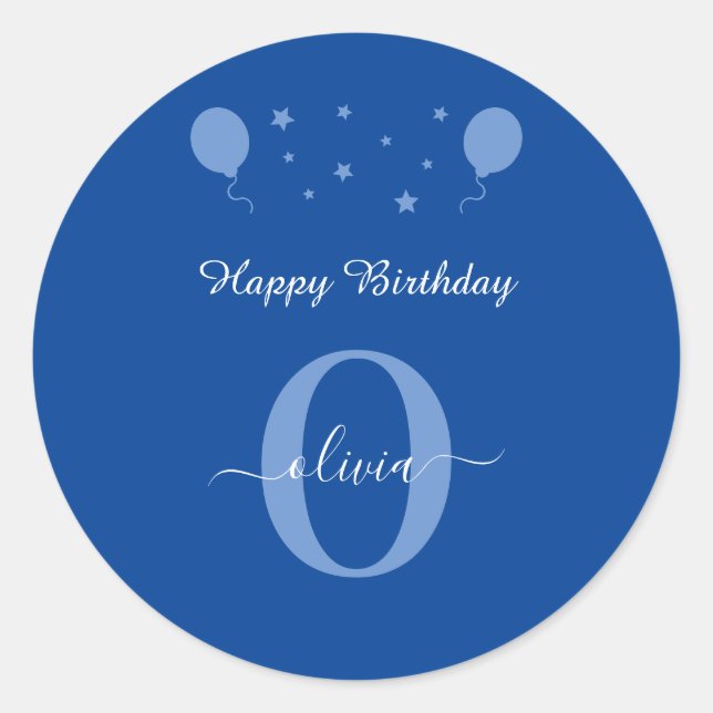 Monogram Script Happy Birthday Blue und White Runder Aufkleber (Vorderseite)