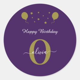 Monogram Script Happy Birthday Lila White Gold Runder Aufkleber