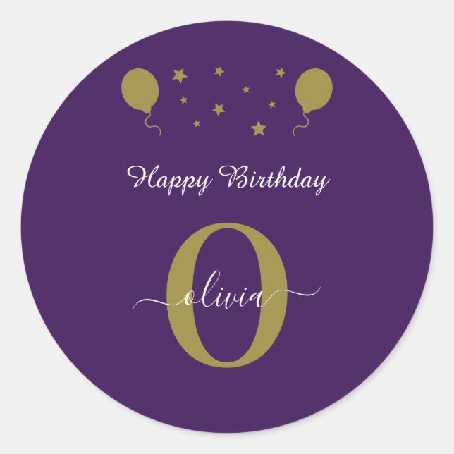 Monogram Script Happy Birthday Lila White Gold Runder Aufkleber (Vorderseite)