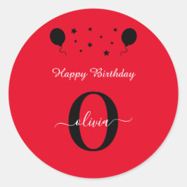 Monogram Script Happy Birthday Red Schwarz-weiß Runder Aufkleber