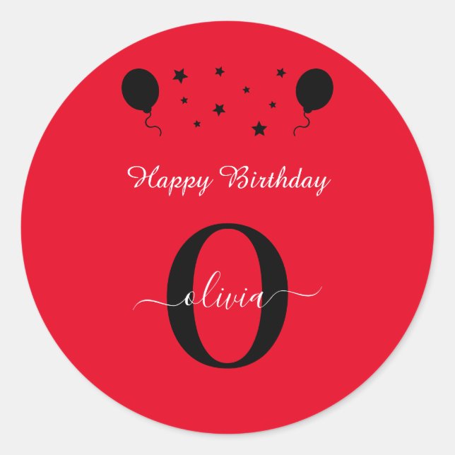 Monogram Script Happy Birthday Red Schwarz-weiß Runder Aufkleber (Vorderseite)