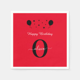 Monogram Script Happy Birthday Red Schwarz-weiß Serviette