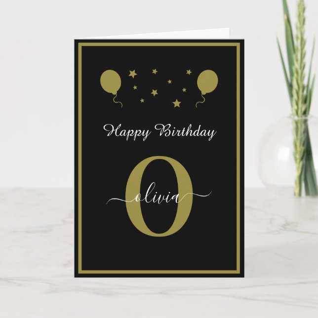 Monogram Script Happy Birthday Schwarz-weiß Gold Karte (Vorderseite)