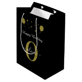 Monogram Script Happy Birthday Schwarz-weiß Gold Mittlere Geschenktüte