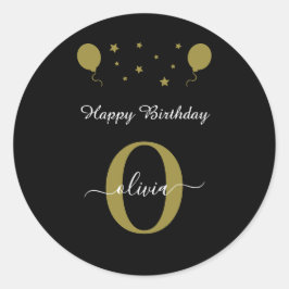 Monogram Script Happy Birthday Schwarz-weiß Gold Runder Aufkleber