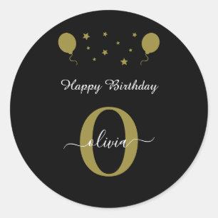 Monogram Script Happy Birthday Schwarz-weiß Gold Runder Aufkleber